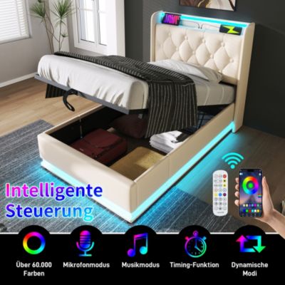 Lit Coffre 90x200, Lit Adulte Capitonné avec LED et Chargement USB Type-C, PU Blanc