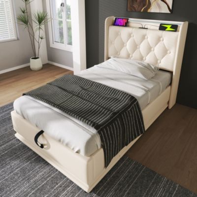 Lit Coffre 90x200, Lit Adulte Capitonné avec LED et Chargement USB Type-C, PU Blanc