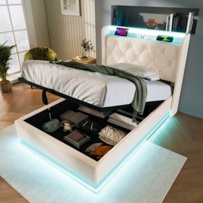 Lit Coffre 90x200, Lit Adulte Capitonné avec LED et Chargement USB Type-C, PU Blanc