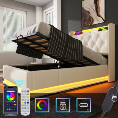 Lit Coffre 90x200, Lit Adulte Capitonné avec LED et Chargement USB Type-C, PU Blanc