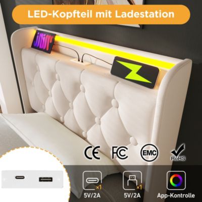 Lit Coffre 90x200, Lit Adulte Capitonné avec LED et Chargement USB Type-C, PU Blanc
