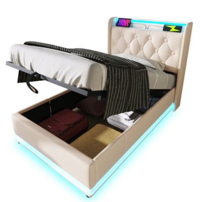 Lit Coffre 90x200, Lit Adulte Capitonné avec LED et Chargement USB Type-C, PU Blanc