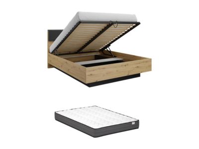 Lit coffre avec chevets 160 x 200 cm - Avec LEDs - Coloris : Naturel et ...