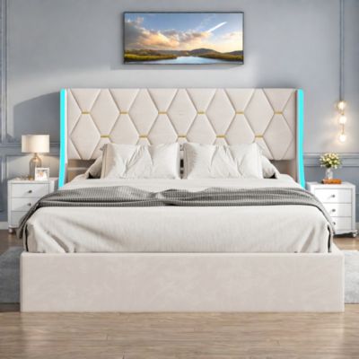 Lit Coffre beige 140x190 cm, Lit Double avec Rangement, Lits pour Adulte Coffre,avec LED Tete de lit Tissu Velours