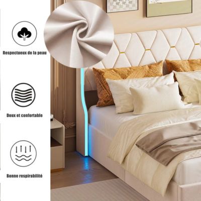 Lit Coffre beige 140x190 cm, Lit Double avec Rangement, Lits pour Adulte Coffre,avec LED Tete de lit Tissu Velours