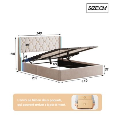 Lit Coffre beige 140x190 cm, Lit Double avec Rangement, Lits pour Adulte Coffre,avec LED Tete de lit Tissu Velours
