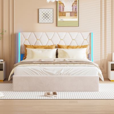 Lit Coffre beige 140x190 cm, Lit Double avec Rangement, Lits pour Adulte Coffre,avec LED Tete de lit Tissu Velours