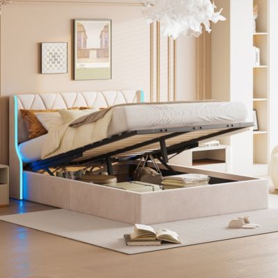 Lit Coffre beige 140x190 cm, Lit Double avec Rangement, Lits pour Adulte Coffre,avec LED Tete de lit Tissu Velours