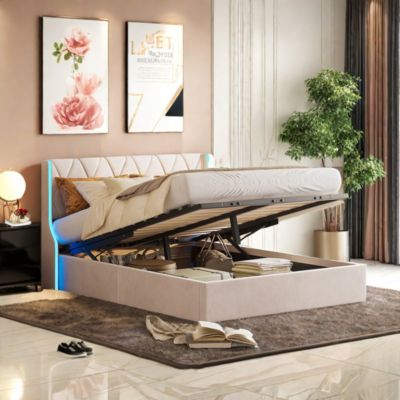 Lit Coffre beige 160x200 cm, Lit Double avec Rangement, Lits pour Adulte Coffre,avec LED Tete de lit Tissu Velours