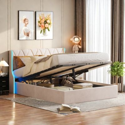 Lit Coffre beige 160x200 cm, Lit Double avec Rangement, Lits pour Adulte Coffre,avec LED Tete de lit Tissu Velours