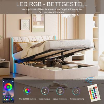 Lit Coffre beige 160x200 cm, Lit Double avec Rangement, Lits pour Adulte Coffre,avec LED Tete de lit Tissu Velours