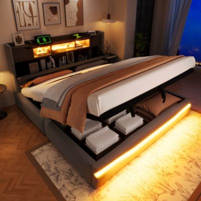 Lit coffre capitonné 180x200 cm - avec port de chargement USB-C - avec lumière LED - gris (matelas non inclus)