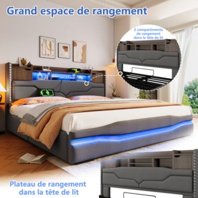 Lit coffre capitonné 180x200 cm - avec port de chargement USB-C - avec lumière LED - gris (matelas non inclus)