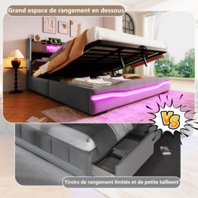 Lit coffre capitonné 180x200 cm - avec port de chargement USB-C - avec lumière LED - gris (matelas non inclus)