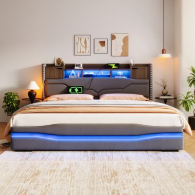 Lit coffre capitonné 180x200 cm - avec port de chargement USB-C - avec lumière LED - gris (matelas non inclus)