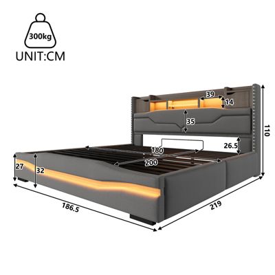 Lit coffre capitonné 180x200 cm - avec port de chargement USB-C - avec lumière LED - gris (matelas non inclus)