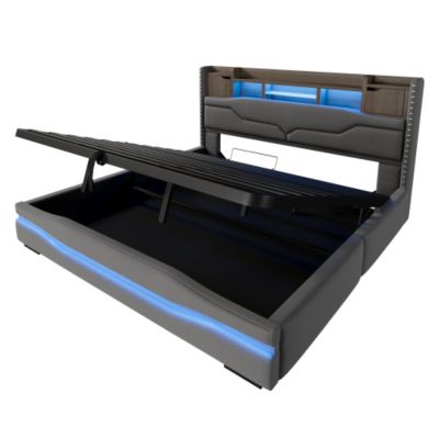 Lit coffre capitonné 180x200 cm - avec port de chargement USB-C - avec lumière LED - gris (matelas non inclus)