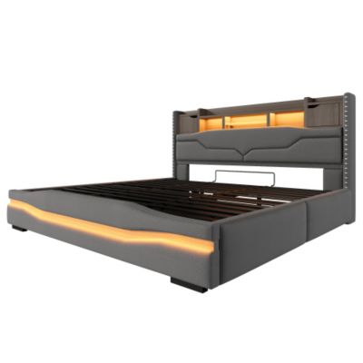 Lit coffre capitonné 180x200 cm - avec port de chargement USB-C - avec lumière LED - gris (matelas non inclus)