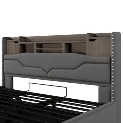 Lit coffre capitonné 180x200 cm - avec port de chargement USB-C - avec lumière LED - gris (matelas non inclus)