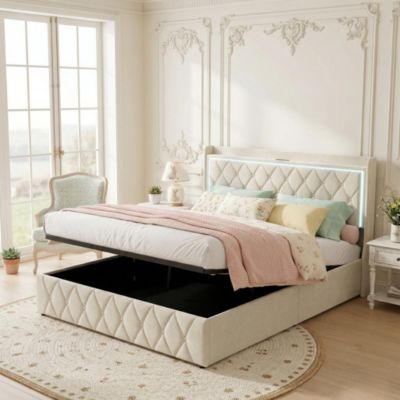 Lit Coffre Double 140x190 cm Velours Beige, espace de rangement, bande lumineuse LED intégrée et USB, sommier à lattes, Design