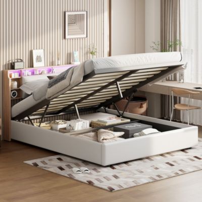 Lit coffre double 140x200 cm, avec tête de lit Rangement rabattable, éclairage LED, sommier à lattes, Lit à rangement, Blanc