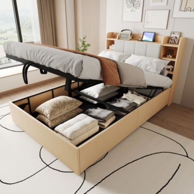 Lit Coffre Double 140x200 cm, Ports USB et Type-C Intégrés, Rangement Fonctionnel et Tête de Lit Pratique - Bois - Sans Matelas