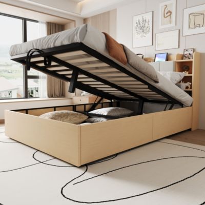 Lit Coffre Double 140x200 cm, Ports USB et Type-C Intégrés, Rangement Fonctionnel et Tête de Lit Pratique - Bois - Sans Matelas