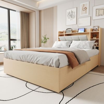 Lit Coffre Double 140x200 cm, Ports USB et Type-C Intégrés, Rangement Fonctionnel et Tête de Lit Pratique - Bois - Sans Matelas