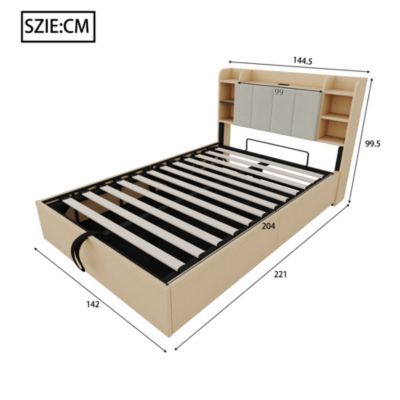 Lit Coffre Double 140x200 cm, Ports USB et Type-C Intégrés, Rangement Fonctionnel et Tête de Lit Pratique - Bois - Sans Matelas