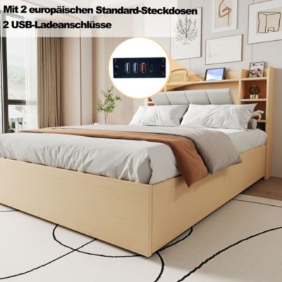 Lit Coffre Double 140x200 cm, Ports USB et Type-C Intégrés, Rangement Fonctionnel et Tête de Lit Pratique - Bois - Sans Matelas