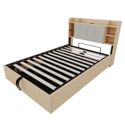 Lit Coffre Double 140x200 cm, Ports USB et Type-C Intégrés, Rangement Fonctionnel et Tête de Lit Pratique - Bois - Sans Matelas