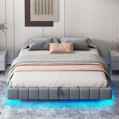 Lit coffre double 180x200cm,lin gris,éclairage LED,espace rangement