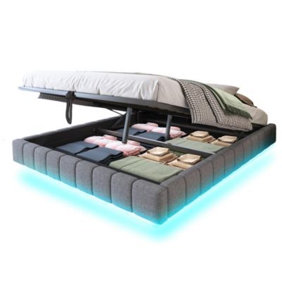 Lit coffre double 180x200cm,lin gris,éclairage LED,espace rangement