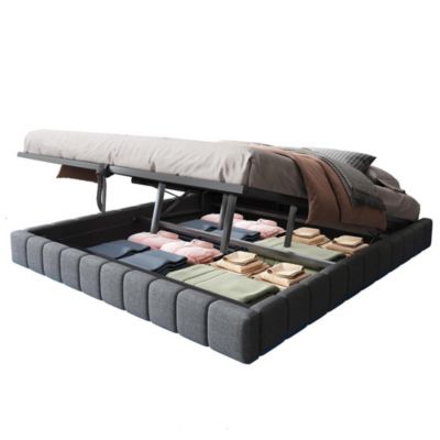 Lit coffre double 180x200cm,lin gris,éclairage LED,espace rangement