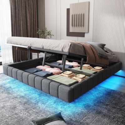 Lit coffre double 180x200cm,lin gris,éclairage LED,espace rangement