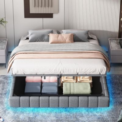 Lit coffre double 180x200cm,lin gris,éclairage LED,espace rangement