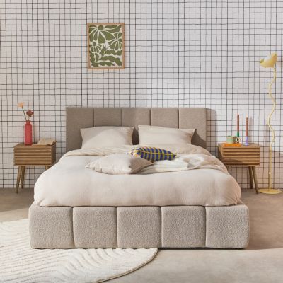 Lit coffre double avec sommier à lattes et tête de lit beige 160 x 200 cm bouclette texturée - Lex