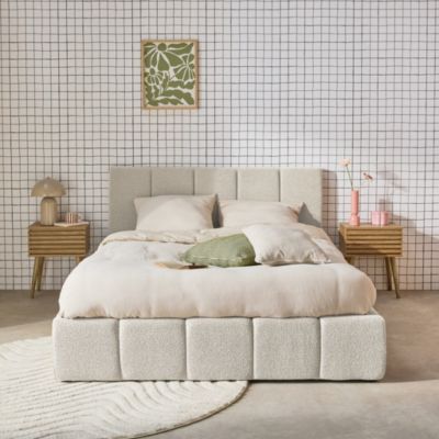 Lit coffre double avec sommier à lattes et tête de lit blanc finition bouclette texturée 140x190cm- Lex