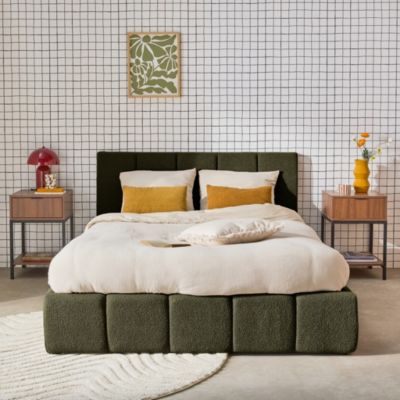 Lit coffre double avec sommier à lattes et tête de lit kaki finition bouclette texturée 140x190cm- Lex