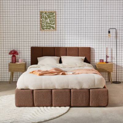 Lit coffre double avec sommier à lattes et tête de lit terracotta finition bouclette texturée 140x190cm- Lex
