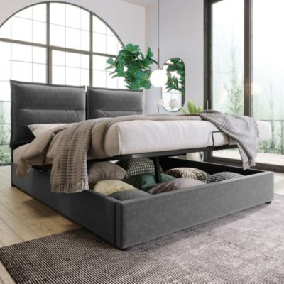 Lit Coffre Double Capitonné 140x200 cm - avec Coffre Hydraulique et Tête de Lit Ajustable, Velours Gris, Matelas Inclus