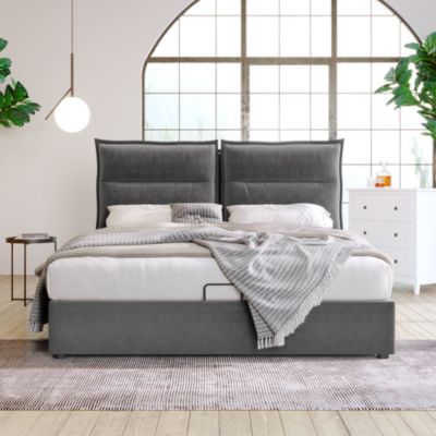 Lit Coffre Double Capitonné 140x200 cm - avec Coffre Hydraulique et Tête de Lit Ajustable, Velours Gris, Matelas Inclus