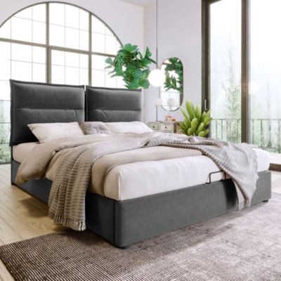 Lit Coffre Double Capitonné 140x200 cm - avec Coffre Hydraulique et Tête de Lit Ajustable, Velours Gris, Matelas Inclus