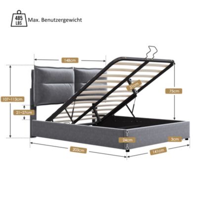 Lit Coffre Double Capitonné 140x200 cm - avec Coffre Hydraulique et Tête de Lit Ajustable, Velours Gris, Matelas Inclus