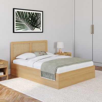 Lit coffre double EDHEN avec tête de lit cannage et sommier 140 x 190 cm coloris bois
