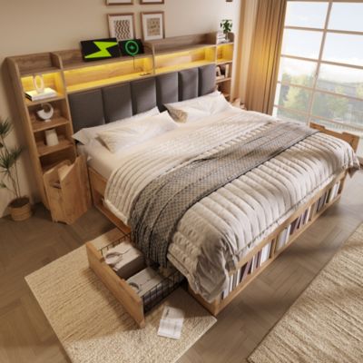 Lit coffre double en bois 160x200cm,tête de lit rembourré avec LED,chevet avec ports USB et Type-C,tiroir roulants,color chêne