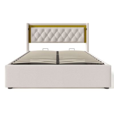 Lit coffre double LED,160x200cm,Beige,rangement,tête de lit USB type C