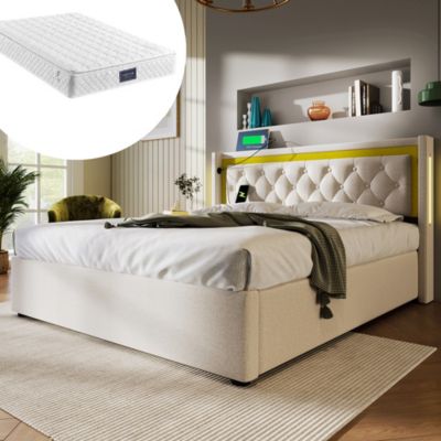 Lit coffre double LED,160x200cm,Beige,rangement,tête de lit USB type C