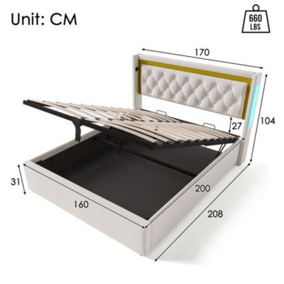 Lit coffre double LED,160x200cm,Beige,rangement,tête de lit USB type C