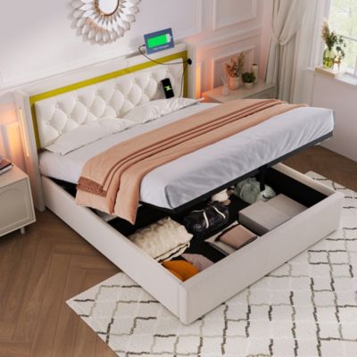 Lit coffre double LED,160x200cm,Beige,rangement,tête de lit USB type C